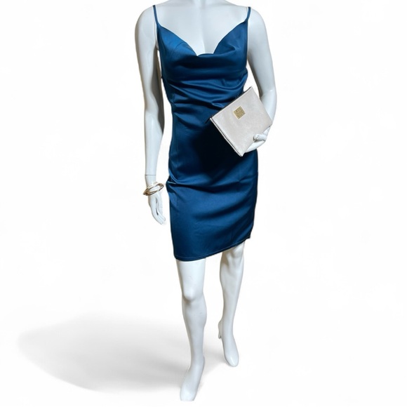 Chic Teal Satin Mini Dress - Picture 1 of 4